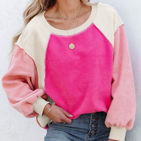 Tops - Rose Colorblock Long Sleeve Pullover Fleece Sweatshirt